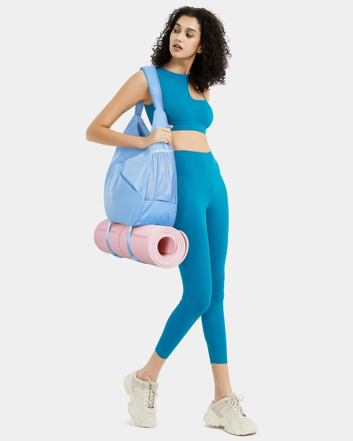 Ceneda Large Gym Bag for Women Sports Duffel Bag with Hidden Yoga Mat Holder & Shoe Compartment Workout Dance Tote Bag with Wet Pocket Overnight Weekender Bag for Travel Yoga (Light Blue)