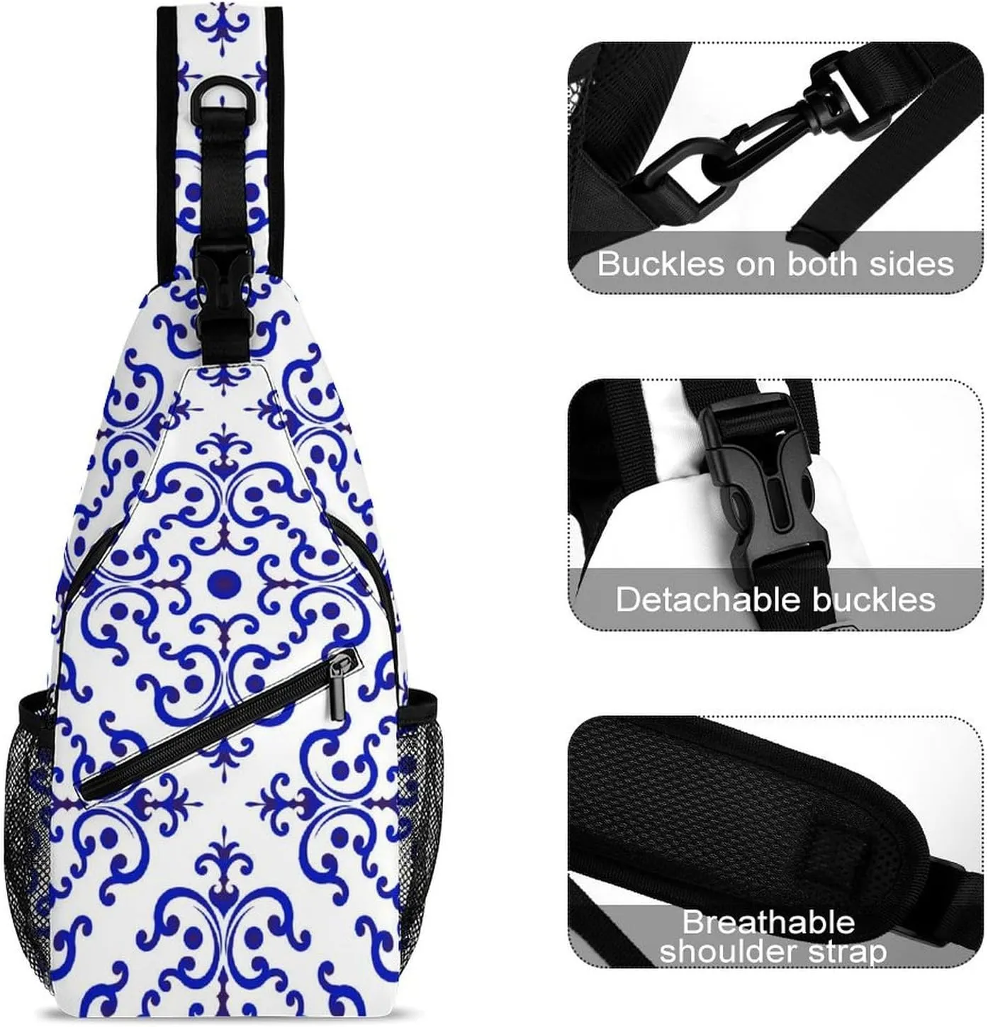 Ceramic-tile-pattern-chinese-style Crossbody Sling Backpack, Shoulder Bag Chest Bag for Travel Sport Running, 38x20cm