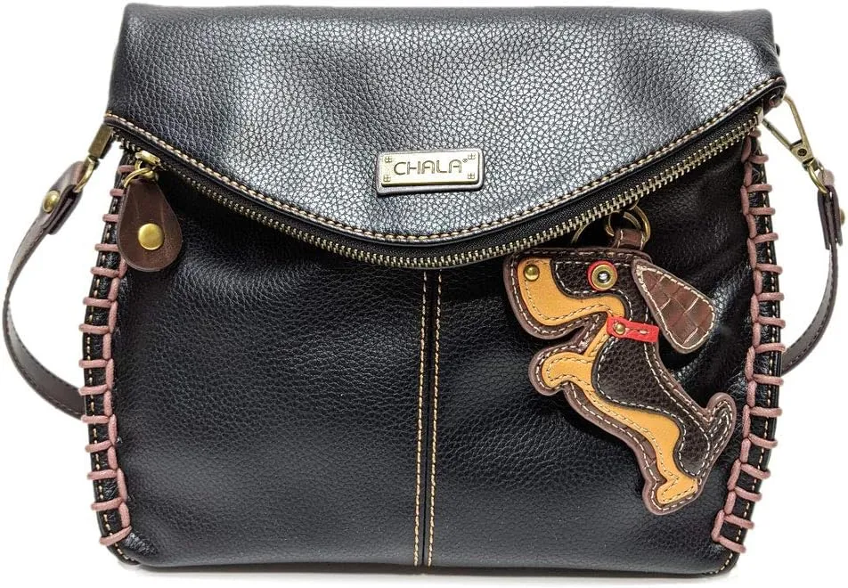 CHALA Charming Crossbody Bag With Flap Top and Zipper, Shoulder Handbag with Leather Keyfob - BLACK