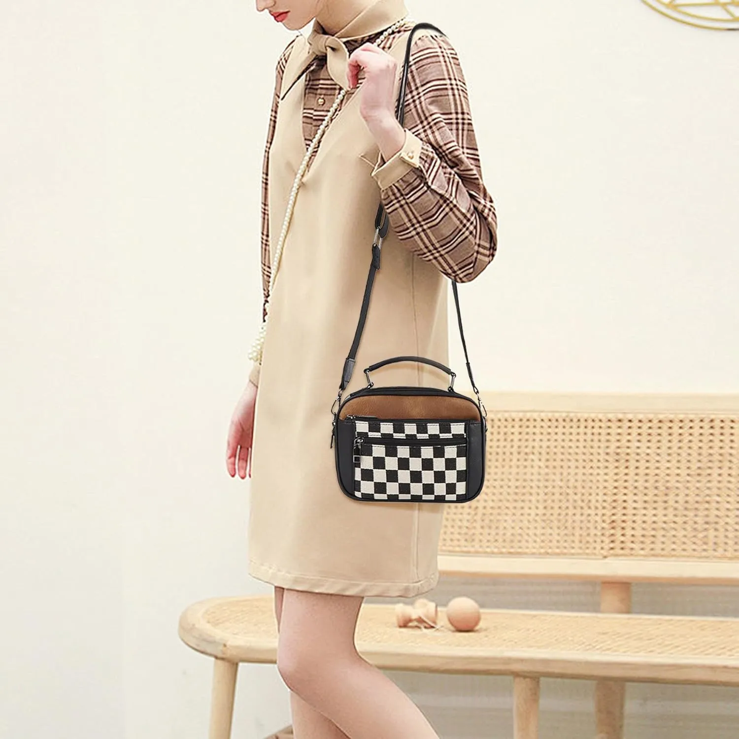 Checkered Crossbody Bags for Women Trendy Plaid Purse Faux Leather Shoulder Bag Top Handle Bag