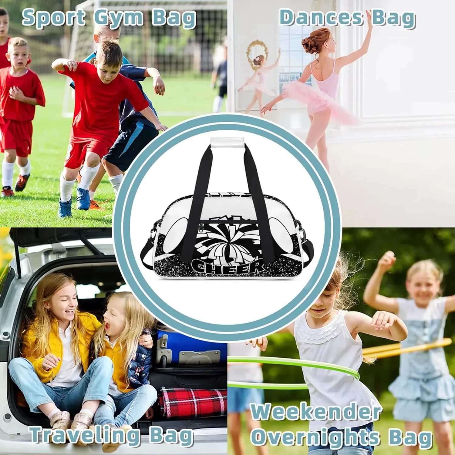 Cheer Theme Small Gym Bag 18 inch Carry On Duffel Bag for Weekender Travel Sports Workout Yoga Gymnastics Dance Ballet