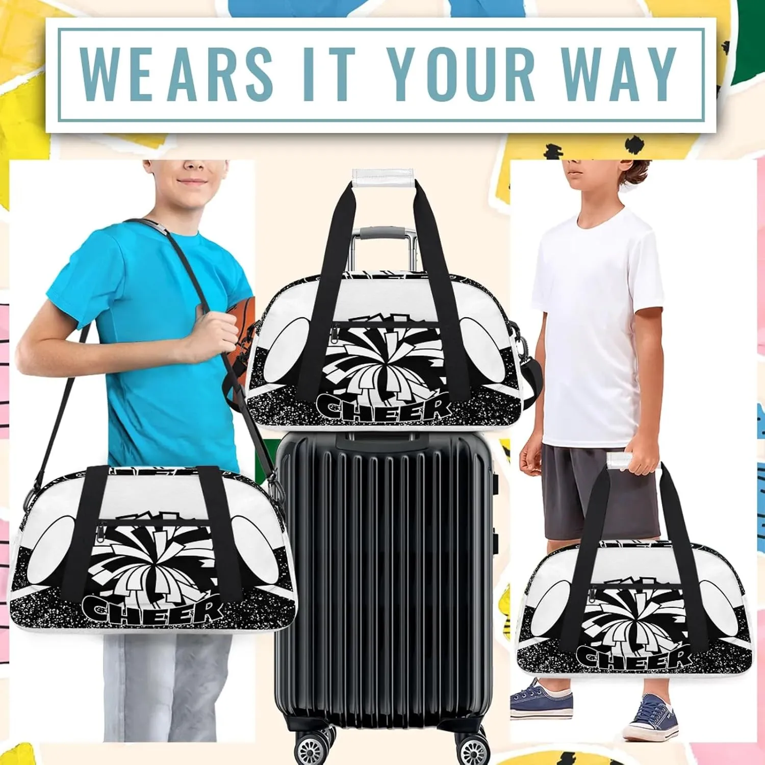 Cheer Theme Small Gym Bag 18 inch Carry On Duffel Bag for Weekender Travel Sports Workout Yoga Gymnastics Dance Ballet