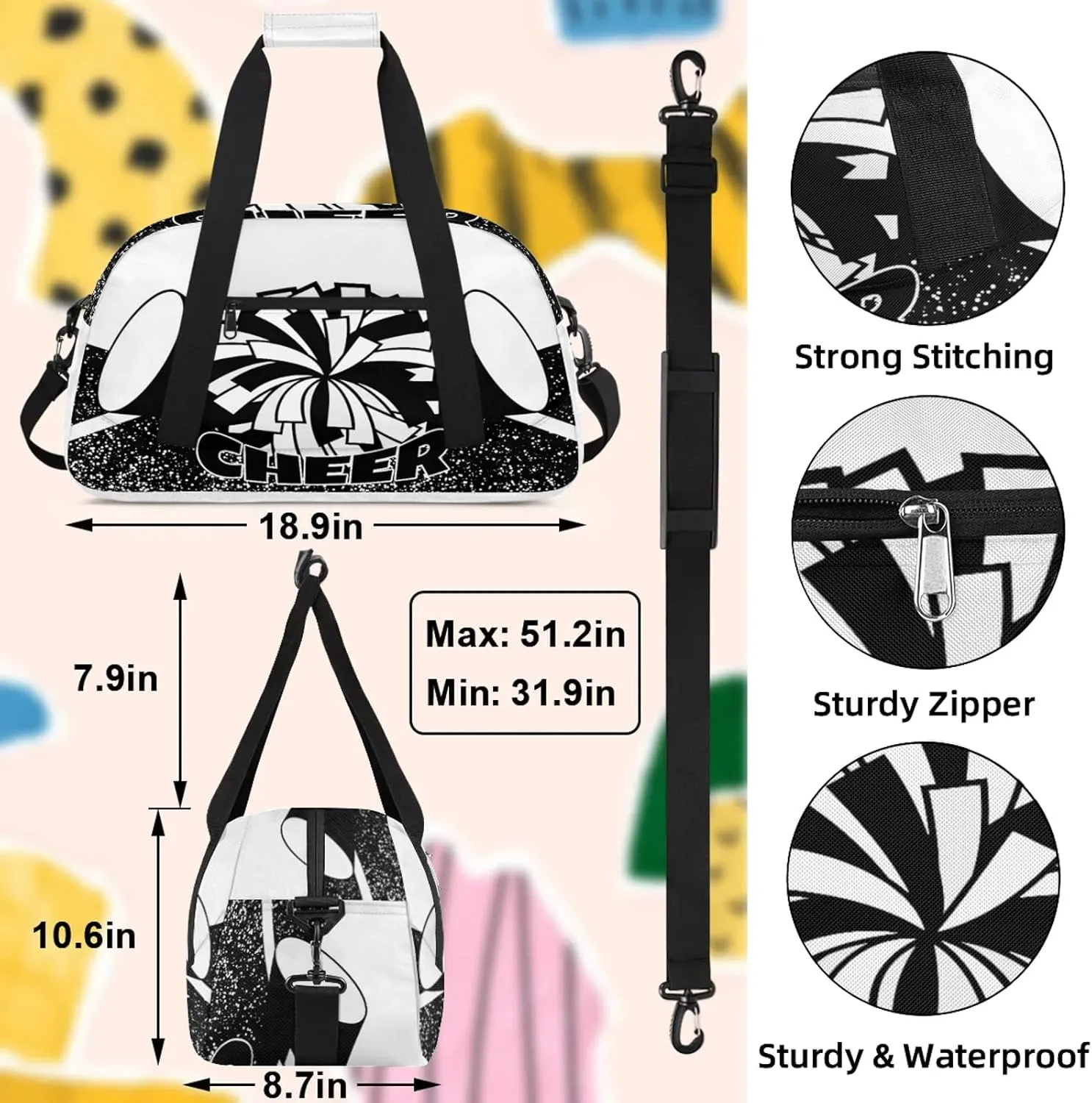 Cheer Theme Small Gym Bag 18 inch Carry On Duffel Bag for Weekender Travel Sports Workout Yoga Gymnastics Dance Ballet