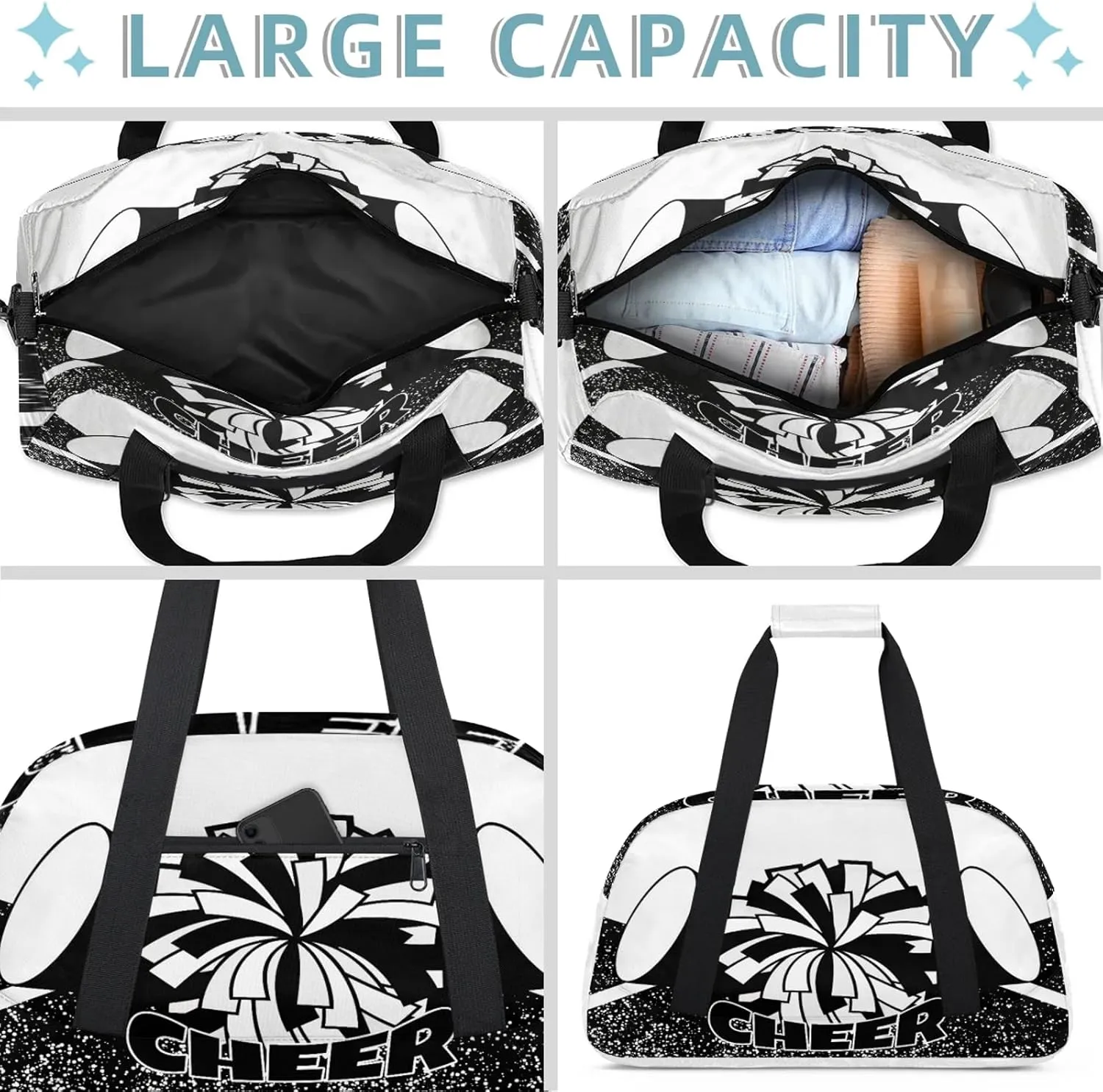 Cheer Theme Small Gym Bag 18 inch Carry On Duffel Bag for Weekender Travel Sports Workout Yoga Gymnastics Dance Ballet