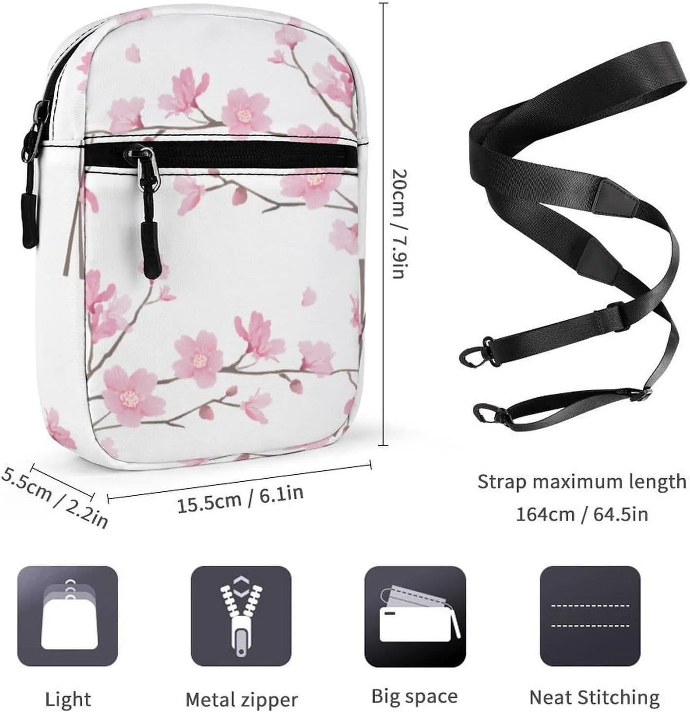 Cherry Blossom Pattern Crossbody Bag Small Shoulder Bag Waterproof, Lightweight And Convenient