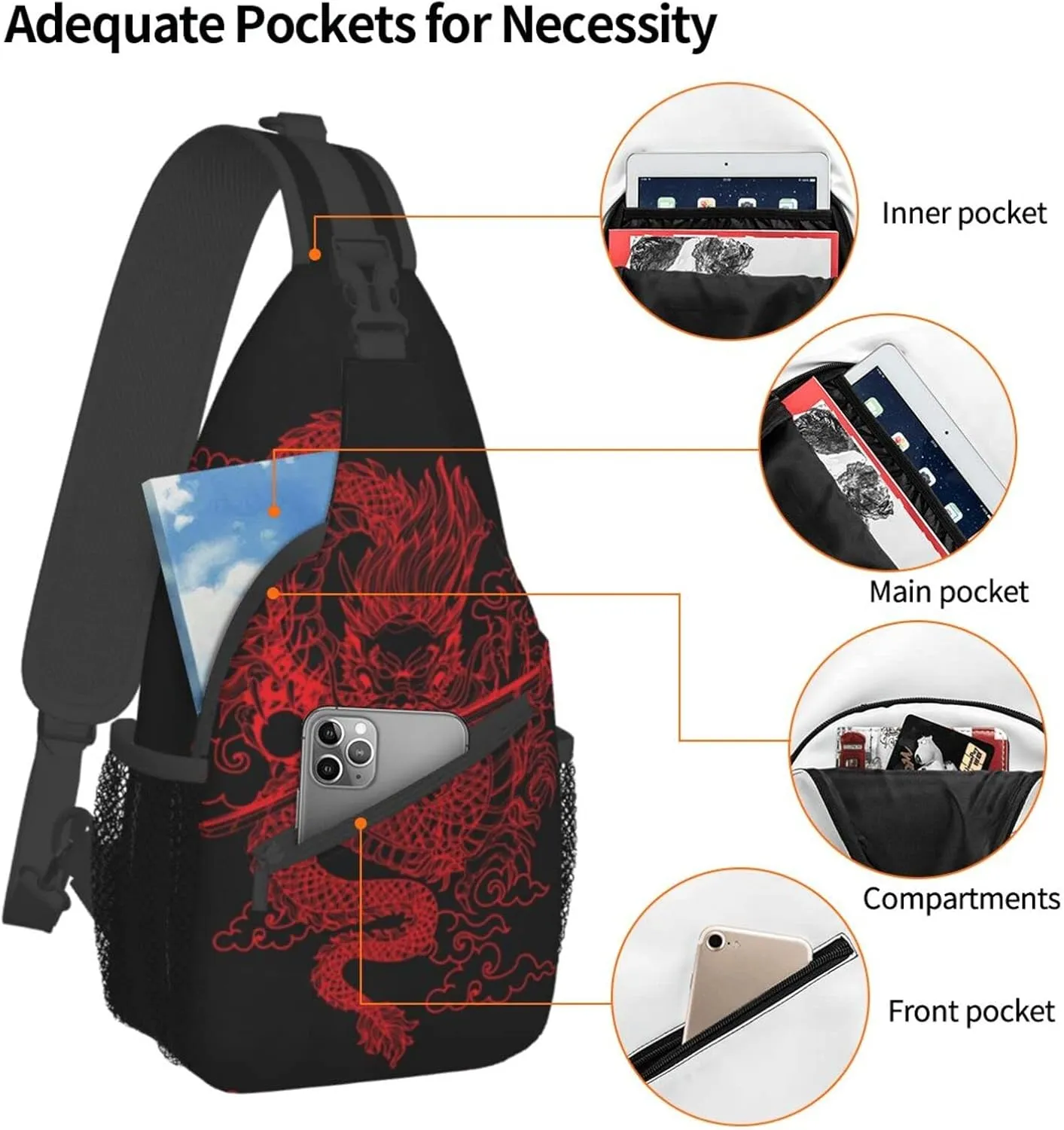 Chinese Japanese Dragon Sling Bag Sling Backpack Crossbody Chest Bag Daypack for Women Men Hiking Travel