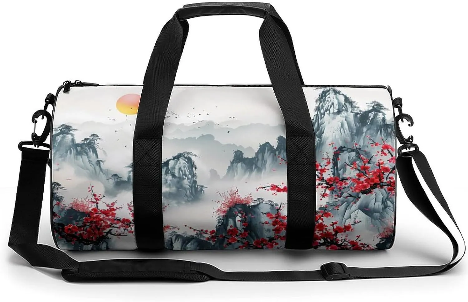 Chinese Mountain Lake Flower Blossom Tree Sun Large Gym Bag Novelty Lightweight Duffel Bag Travel Tote Bags