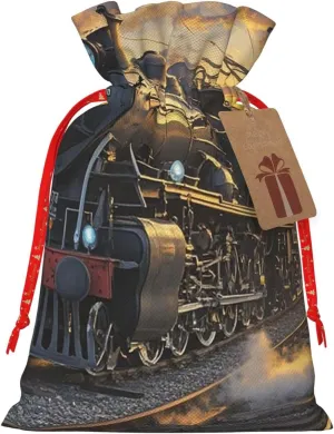 Christmas Gift Bag with Drawstrings Christmas Burlap Gift Bag Steam Train Depart Sunset Drawstring Gift Bag for Xmas Christmas Drawstring Bag Christmas Linen Bag Gift Wrapping Bags for Presents Party