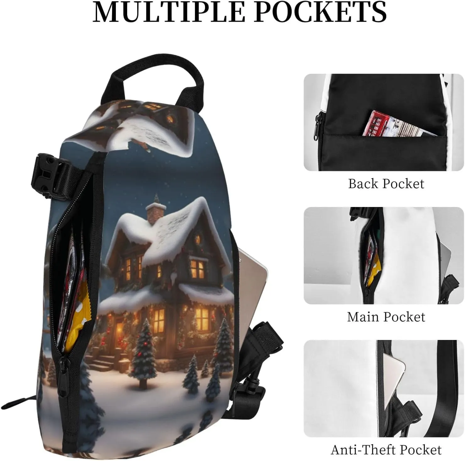 Christmas Village House 3 Print Crossbody Backpack Casual Adjustable Bag Multifunctional Sling Backpack