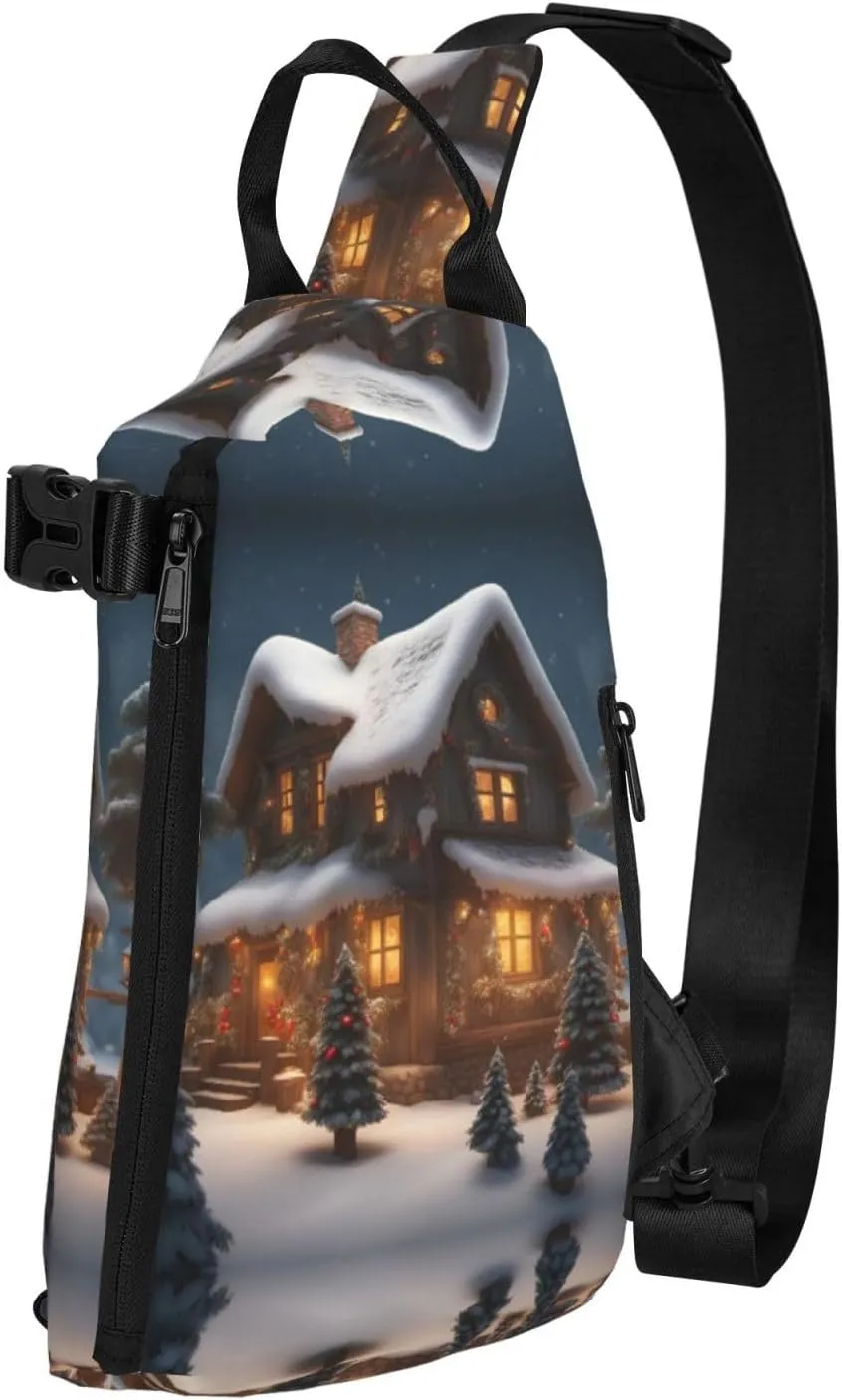Christmas Village House 3 Print Crossbody Backpack Casual Adjustable Bag Multifunctional Sling Backpack
