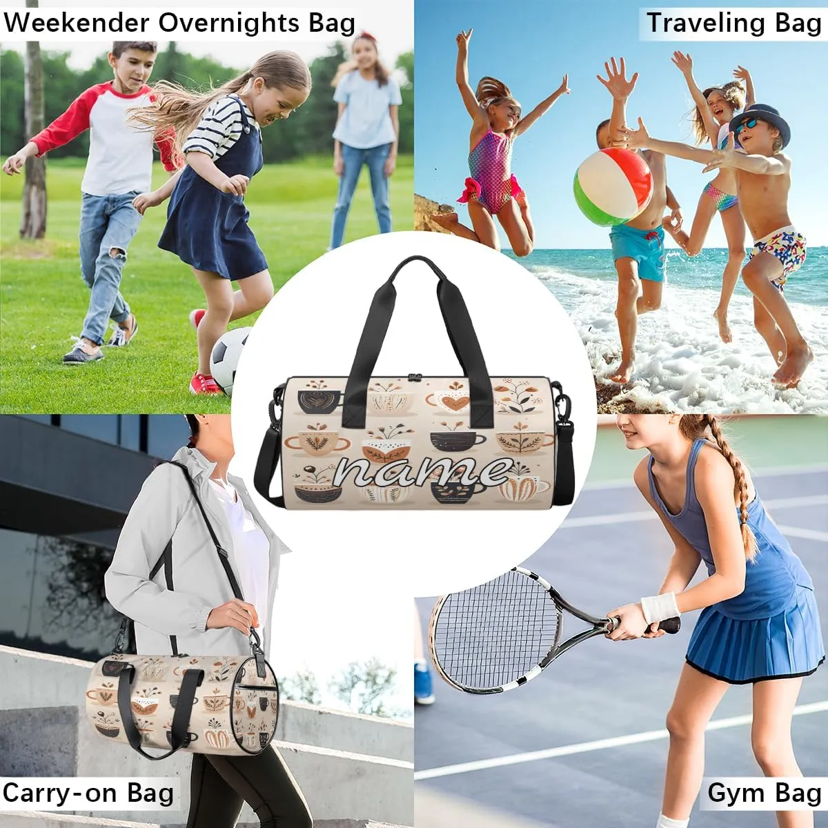Classic Coffee Style Personalized Dance Bags, Classic Coffee Style Custom Sport Duffel Bag Travel Duffle Bag Overnight Weekender Bag