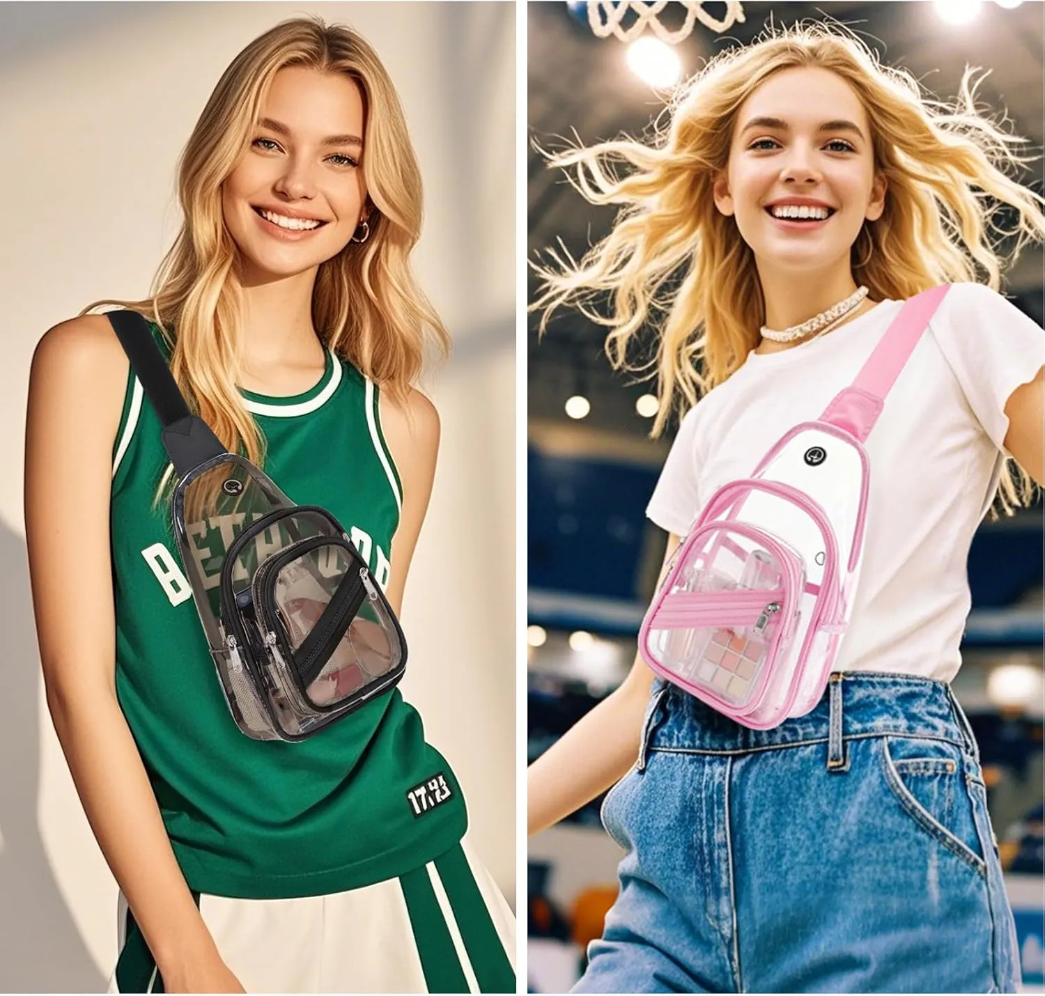 Clear Bag for Stadium Events, Clear Backpack Purse for Women Waterproof PVC Crossbody Fanny Pack for Concert Football Sport Hiking Travel, Semi Black