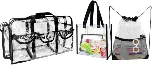Clear Duffle Makeup Bag & Clear Bag for Stadium Events 12 x6 x12, Proved Clear Concert Tote Bag Stadium Approved See Through Drawstring Backpack, 3 PACK