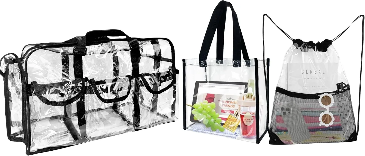 Clear Duffle Makeup Bag & Clear Bag for Stadium Events 12 x6 x12, Proved Clear Concert Tote Bag Stadium Approved See Through Drawstring Backpack, 3 PACK