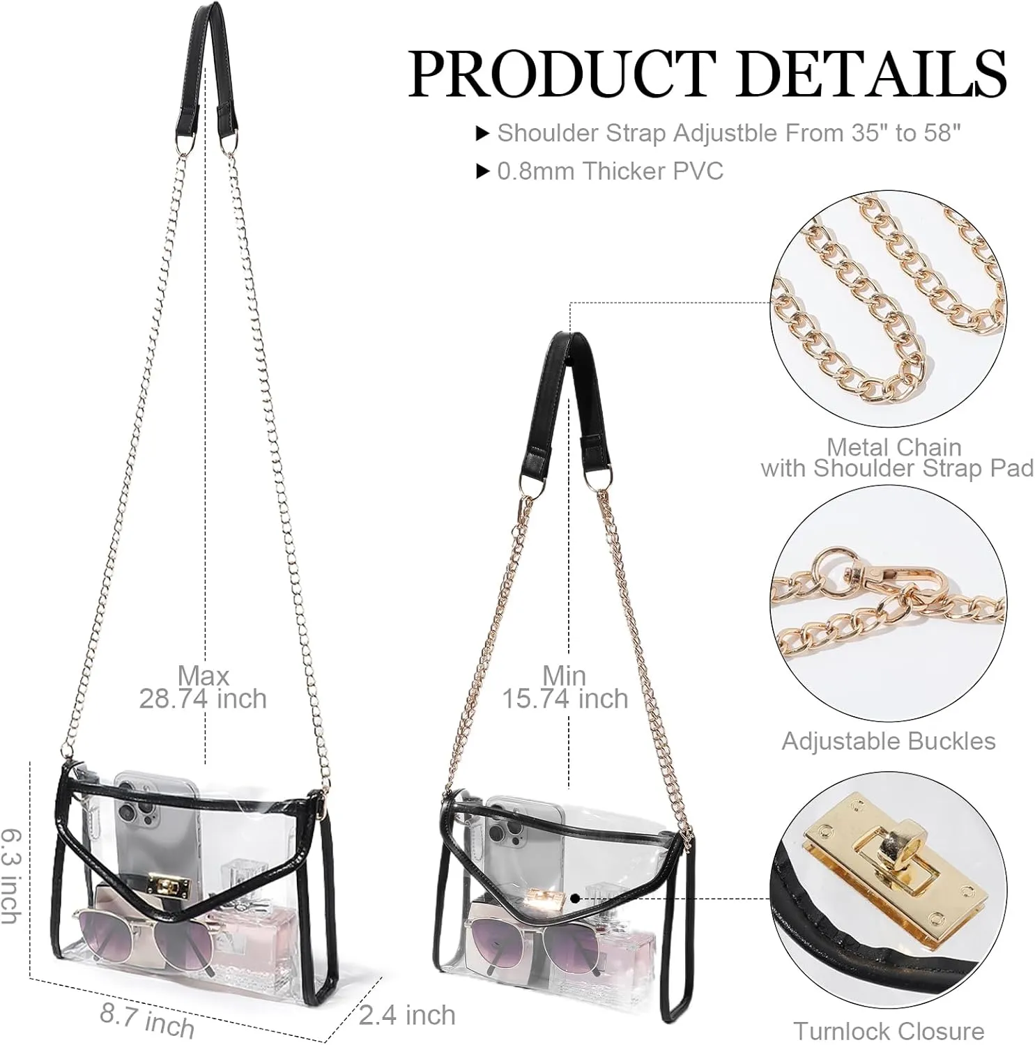 Clear Purse for Women Stadium Approved, Clear Crossbody Bag with Leather Edging for Concert Sports Events