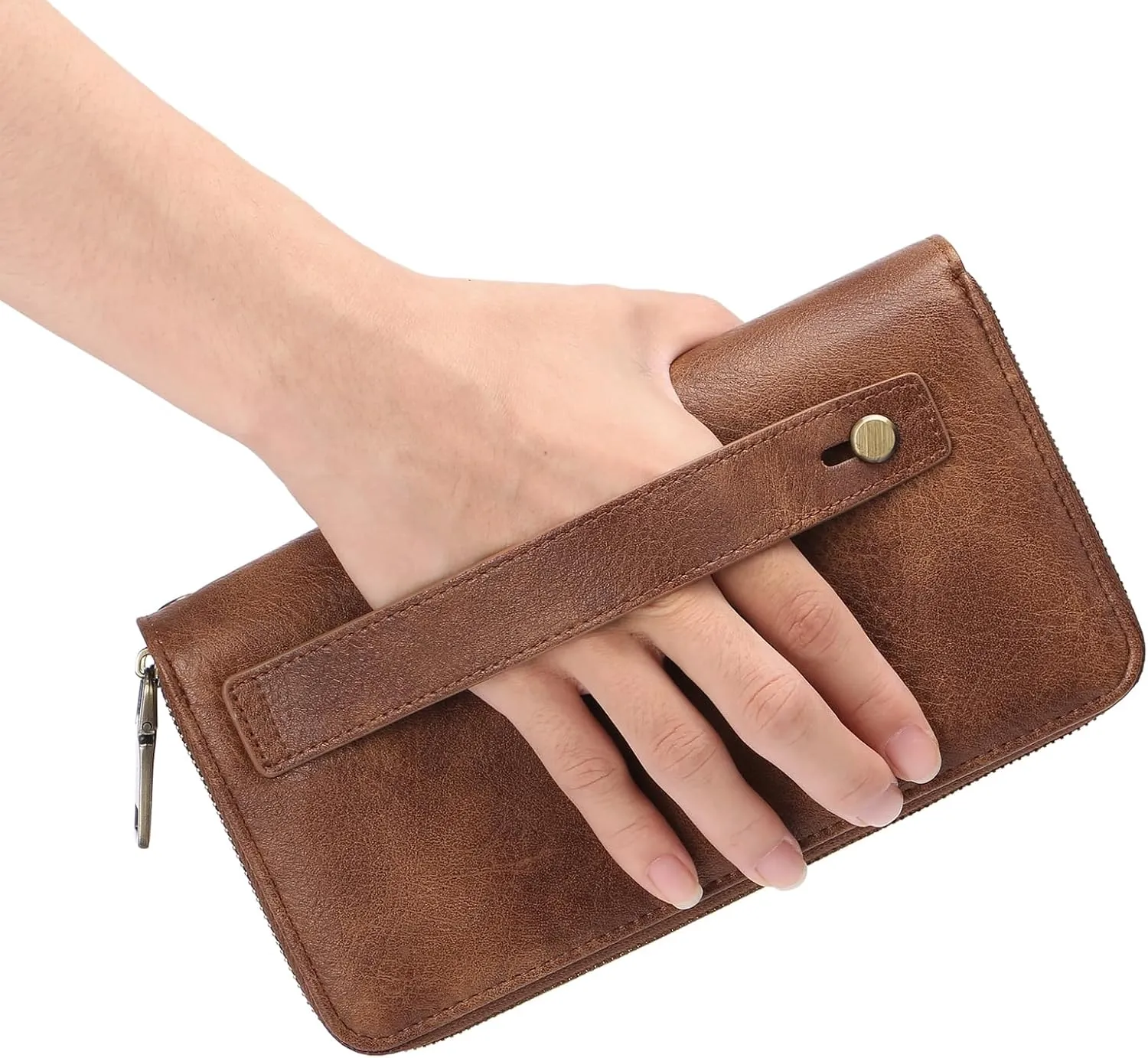Clutch Wallet for Women Large Zipper Wallet for Women RFID Blocking Long Wallet with Wrist Strap, Womens Wallets Leather with Card Holder(Vintage Brown)