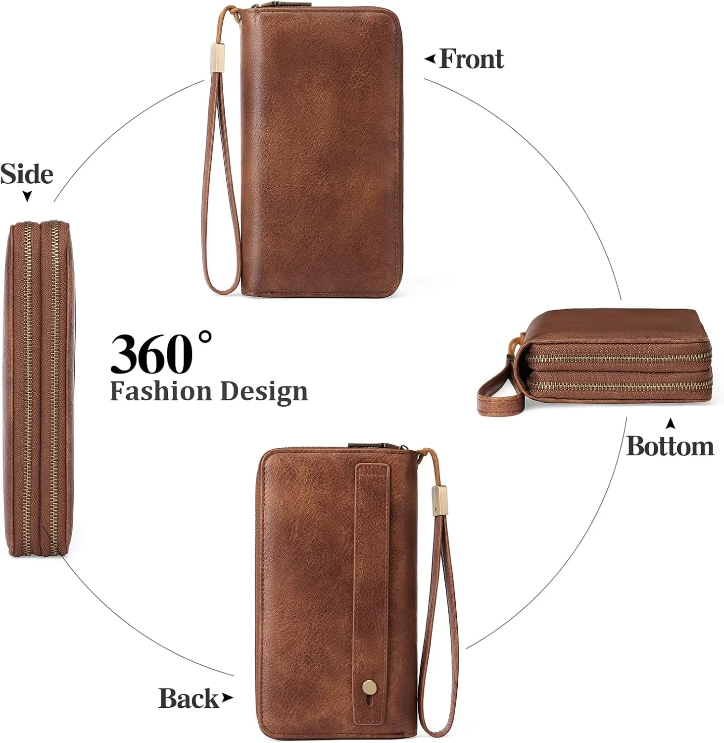 Clutch Wallet for Women Large Zipper Wallet for Women RFID Blocking Long Wallet with Wrist Strap, Womens Wallets Leather with Card Holder(Vintage Brown)