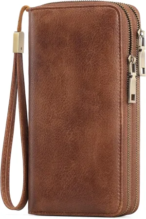 Clutch Wallet for Women Large Zipper Wallet for Women RFID Blocking Long Wallet with Wrist Strap, Womens Wallets Leather with Card Holder(Vintage Brown)