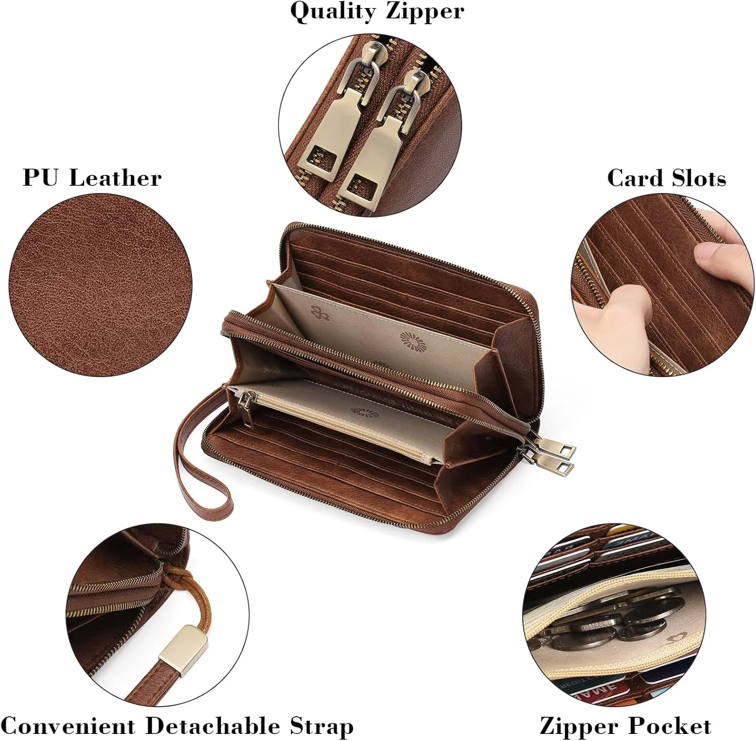 Clutch Wallet for Women Large Zipper Wallet for Women RFID Blocking Long Wallet with Wrist Strap, Womens Wallets Leather with Card Holder(Vintage Brown)