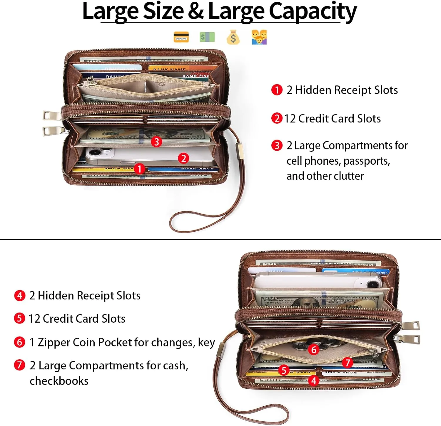 Clutch Wallet for Women Large Zipper Wallet for Women RFID Blocking Long Wallet with Wrist Strap, Womens Wallets Leather with Card Holder(Vintage Brown)