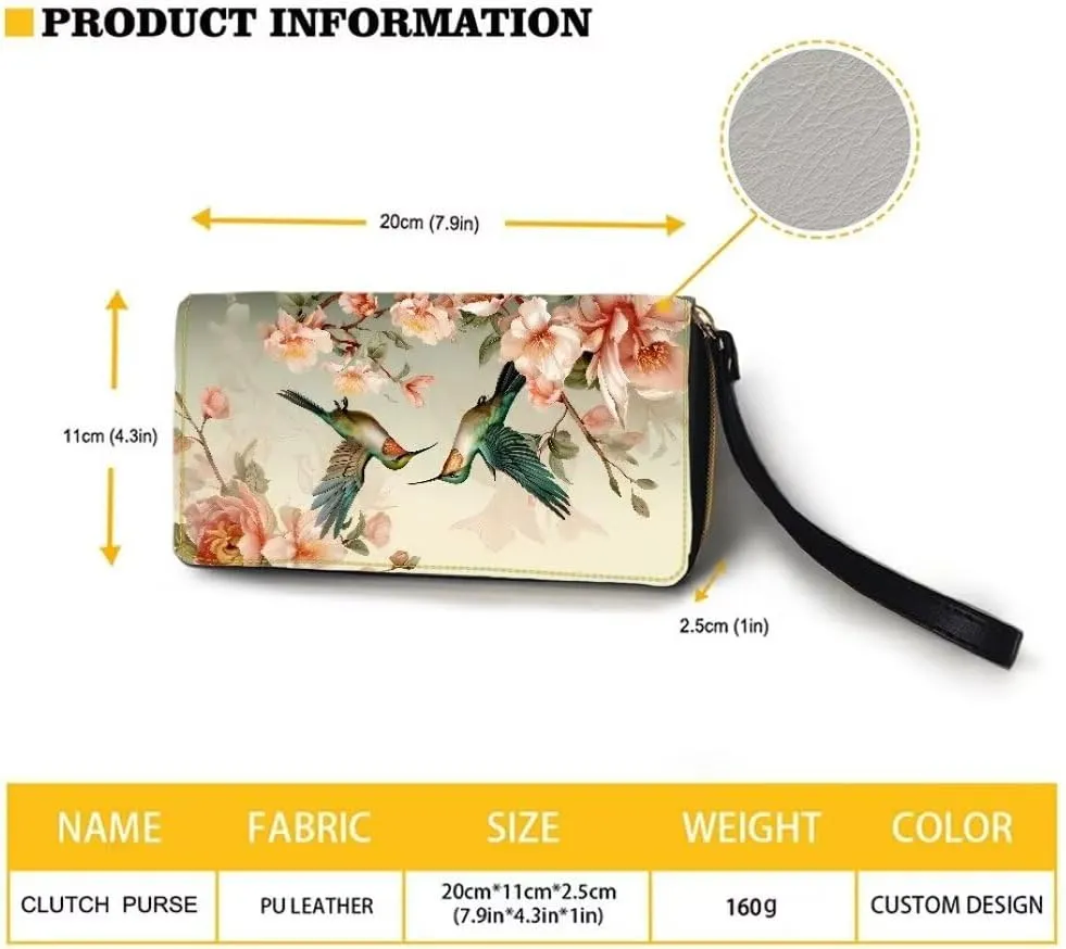 Coldinair Womens Wallet Hummingbird RFID Blocking Handbag Purse Floral PU Leather Zip Around Wallets Large Capacity Long Purse Credit Card Clutch Bag Wristlet Strap