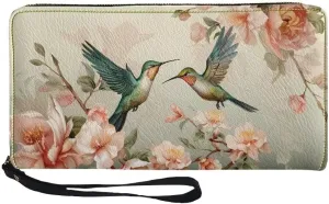 Coldinair Womens Wallet Hummingbird RFID Blocking Handbag Purse Floral PU Leather Zip Around Wallets Large Capacity Long Purse Credit Card Clutch Bag Wristlet Strap
