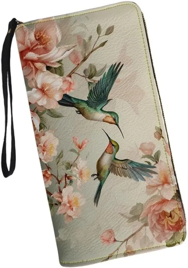 Coldinair Womens Wallet Hummingbird RFID Blocking Handbag Purse Floral PU Leather Zip Around Wallets Large Capacity Long Purse Credit Card Clutch Bag Wristlet Strap