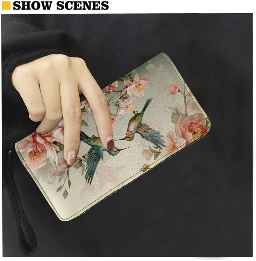 Coldinair Womens Wallet Hummingbird RFID Blocking Handbag Purse Floral PU Leather Zip Around Wallets Large Capacity Long Purse Credit Card Clutch Bag Wristlet Strap