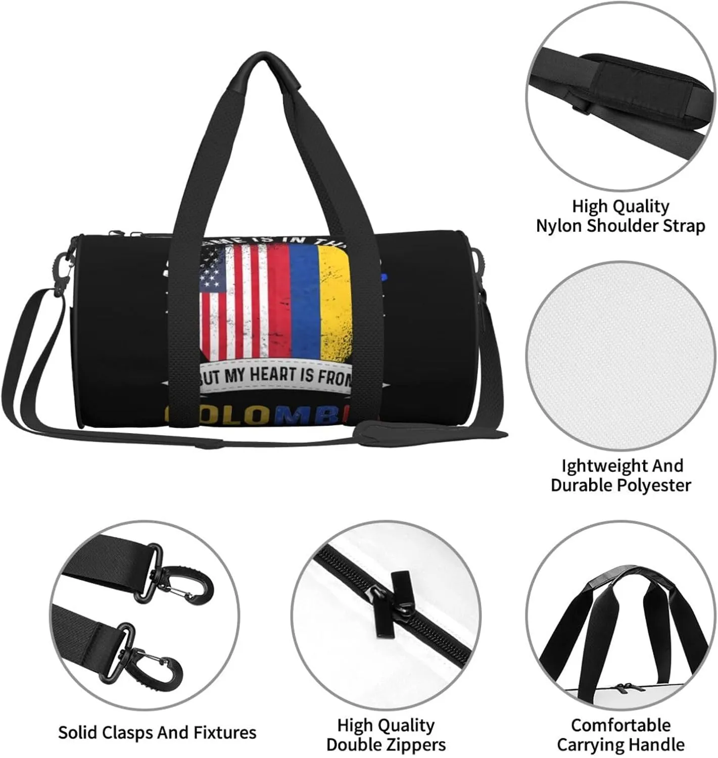 Colombian American Patriot Heart is from Colombia Flag Round Travel Duffel Bag Large Capacity Gym Sports Bags for Hiking Vacation Trips