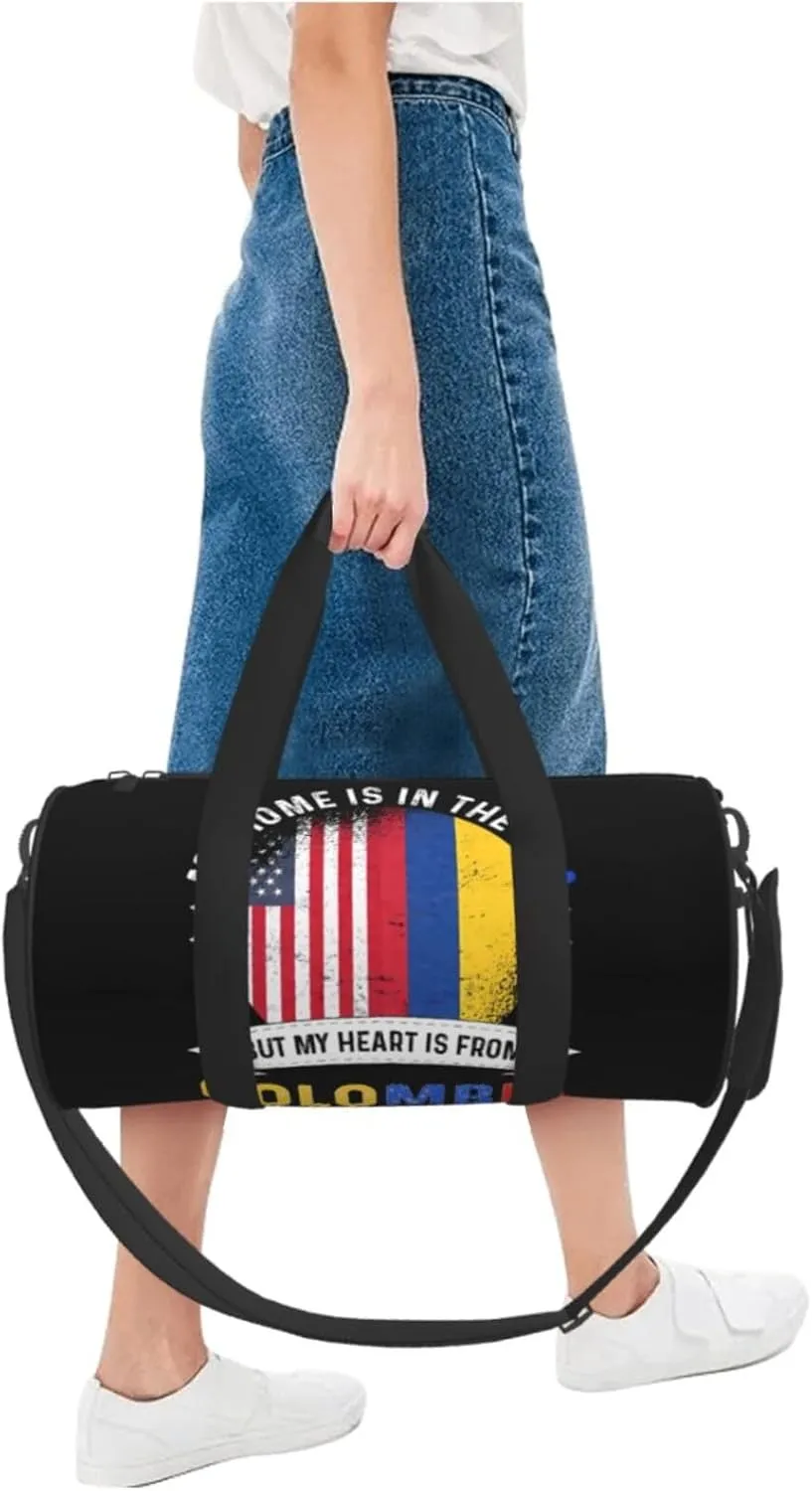 Colombian American Patriot Heart is from Colombia Flag Round Travel Duffel Bag Large Capacity Gym Sports Bags for Hiking Vacation Trips