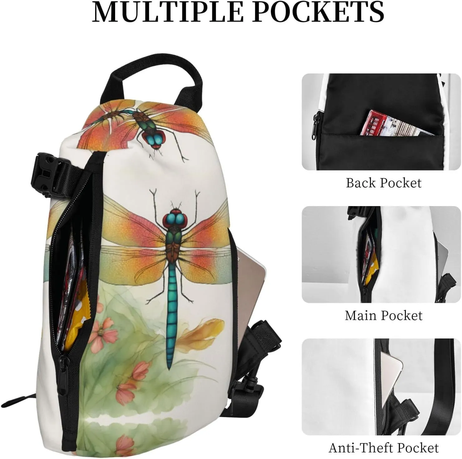 Colorful Dragonfly 1 Print Crossbody Backpack Casual Adjustable Bag Multifunctional Sling Backpack