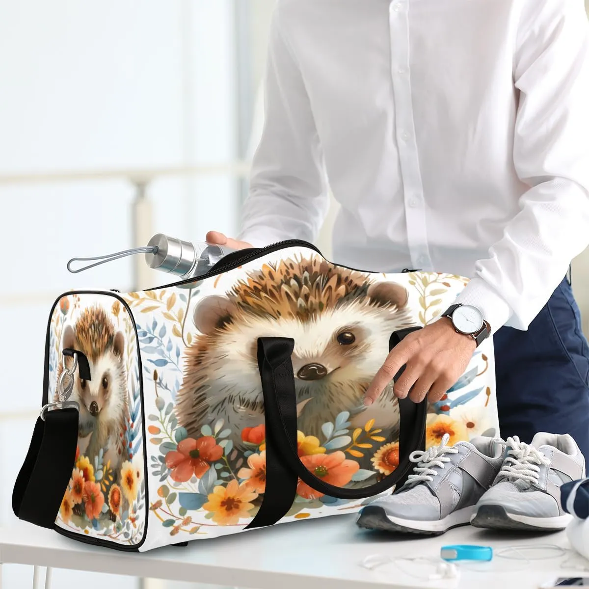 Colorful Flower Hedgehog Travel Duffle Bag, Sports Gym Bags for Women Men, Carry On Weekender Overnight Workout Airplane Trips Bag