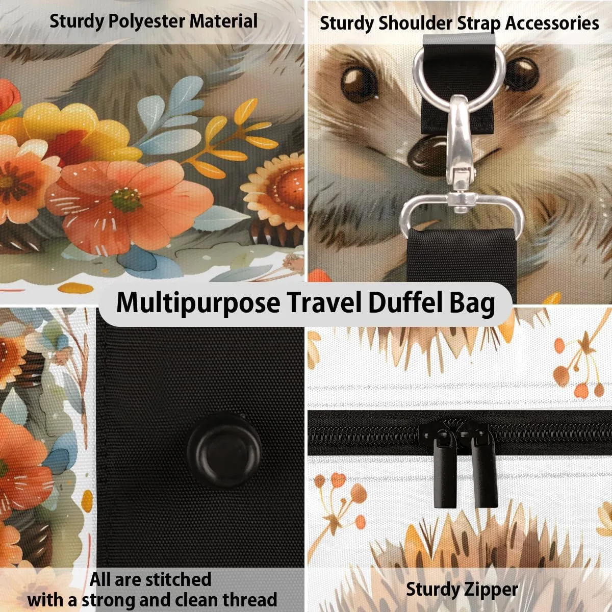 Colorful Flower Hedgehog Travel Duffle Bag, Sports Gym Bags for Women Men, Carry On Weekender Overnight Workout Airplane Trips Bag