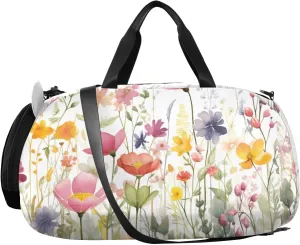 Colorful Flowers Kids Overnight Duffle Bag,Gymnastics Sports Dance Bag with Shoe Compartment & Wet Pocket, Travel Weekender Tote for Boys & Girls