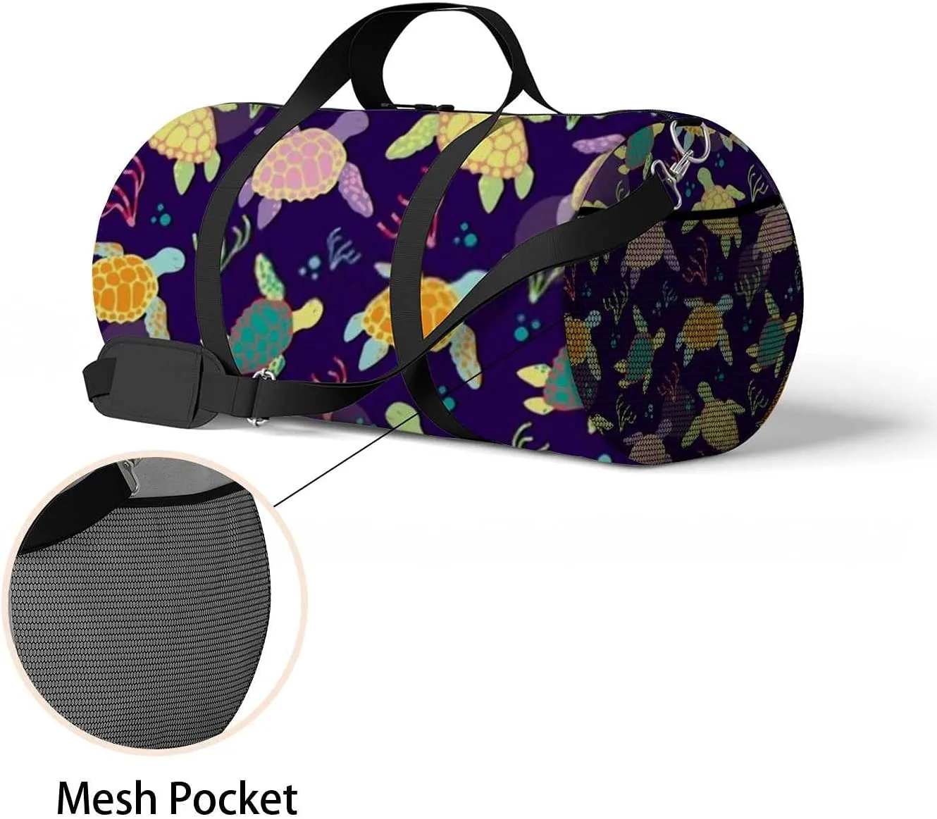 Colorful Sea Turtle Algae Sports Duffel Bag Travel Gym Tote Bags Lightweight Durable Shoulder Strap Waterproof Polyester Outside Mesh Pocket Overnight Trip Duffel Bag for Women Men