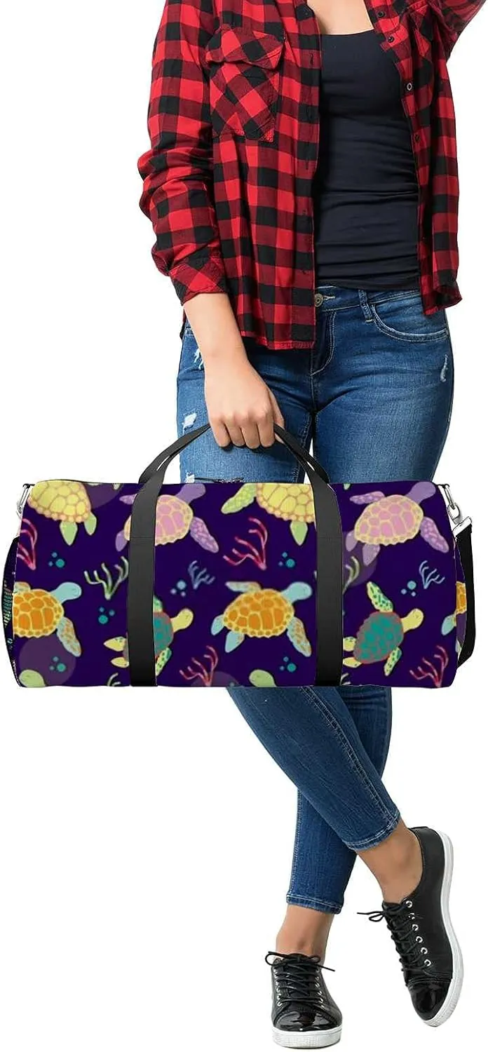 Colorful Sea Turtle Algae Sports Duffel Bag Travel Gym Tote Bags Lightweight Durable Shoulder Strap Waterproof Polyester Outside Mesh Pocket Overnight Trip Duffel Bag for Women Men