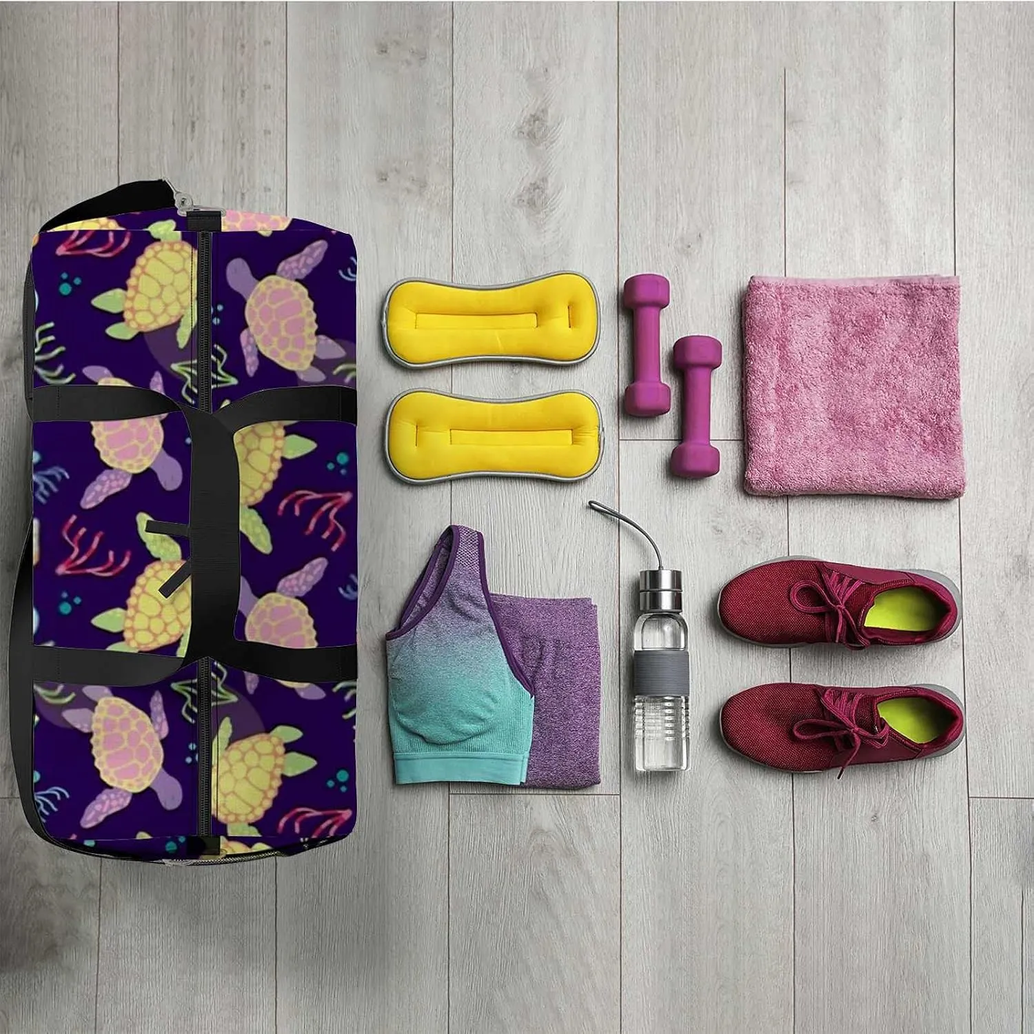 Colorful Sea Turtle Algae Sports Duffel Bag Travel Gym Tote Bags Lightweight Durable Shoulder Strap Waterproof Polyester Outside Mesh Pocket Overnight Trip Duffel Bag for Women Men