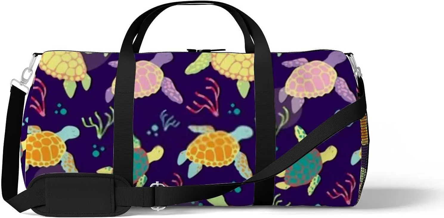 Colorful Sea Turtle Algae Sports Duffel Bag Travel Gym Tote Bags Lightweight Durable Shoulder Strap Waterproof Polyester Outside Mesh Pocket Overnight Trip Duffel Bag for Women Men