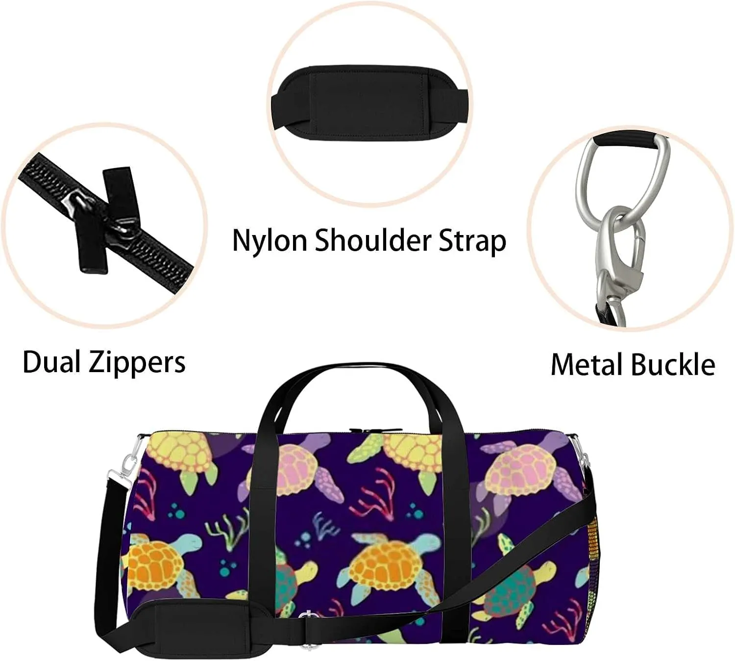 Colorful Sea Turtle Algae Sports Duffel Bag Travel Gym Tote Bags Lightweight Durable Shoulder Strap Waterproof Polyester Outside Mesh Pocket Overnight Trip Duffel Bag for Women Men