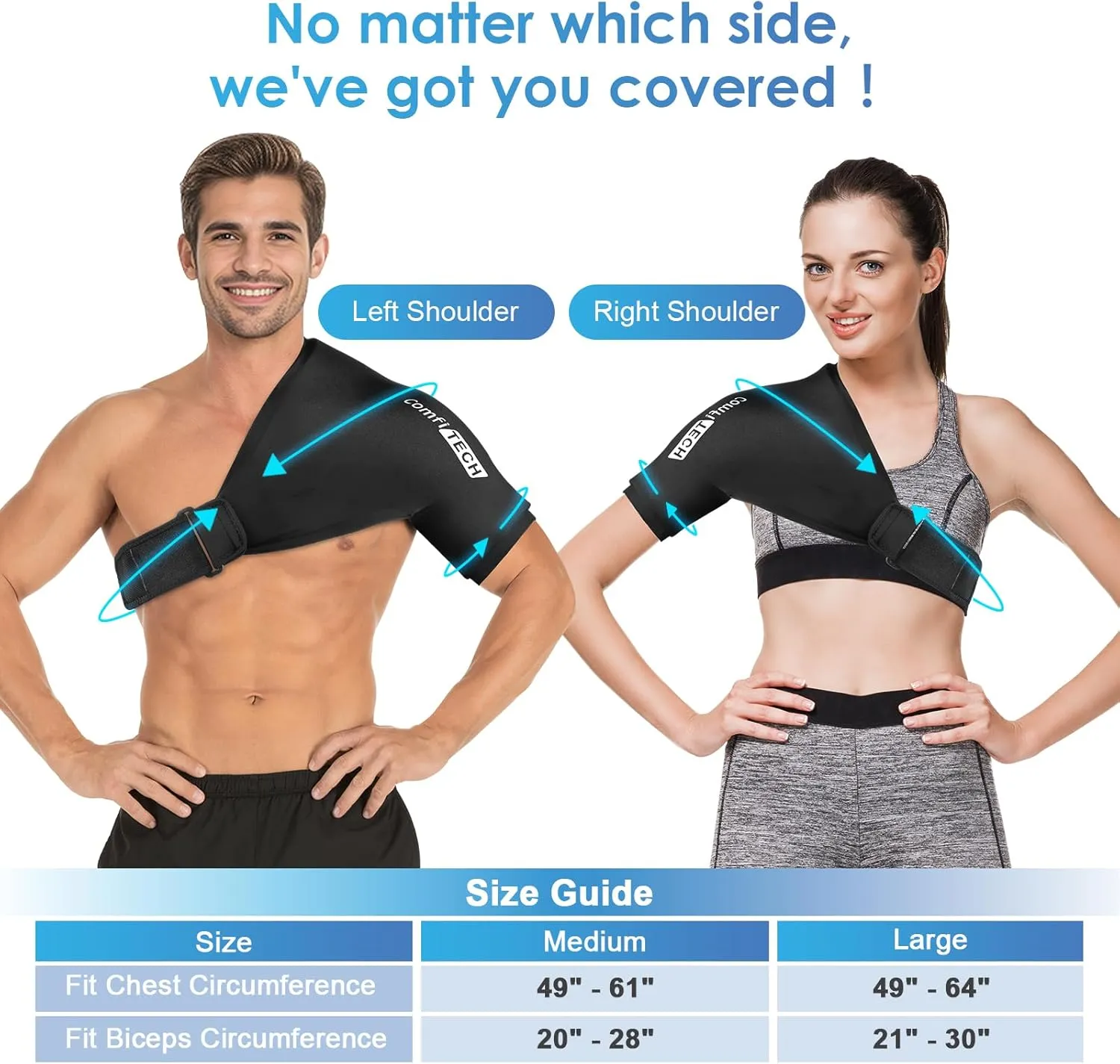Comfitech Shoulder Ice Pack Wrap Sleeve for Better Putting On & Off, Reusable Gel Cold Pad for Arm, Large, Black