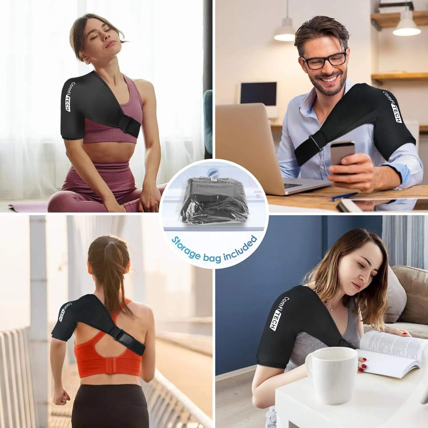 Comfitech Shoulder Ice Pack Wrap Sleeve for Better Putting On & Off, Reusable Gel Cold Pad for Arm, Large, Black