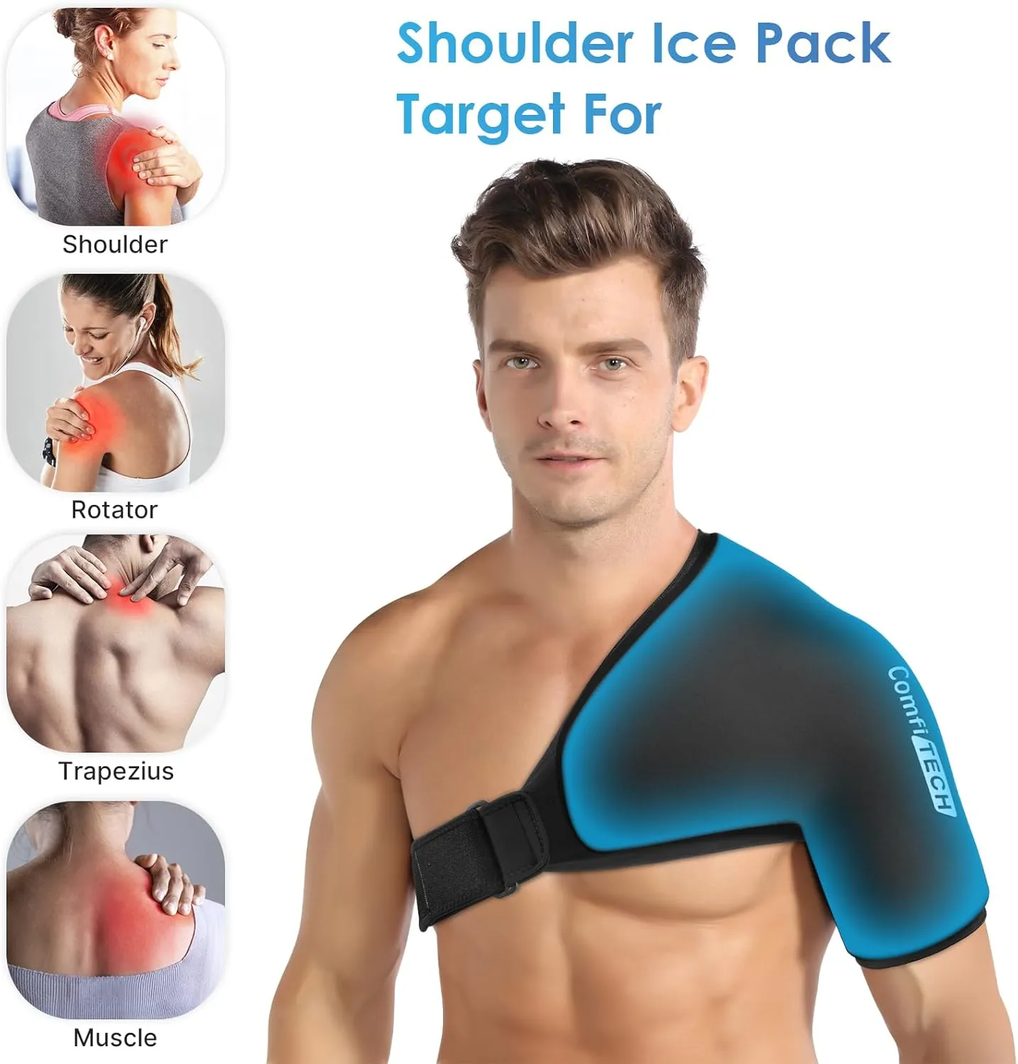 Comfitech Shoulder Ice Pack Wrap Sleeve for Better Putting On & Off, Reusable Gel Cold Pad for Arm, Large, Black