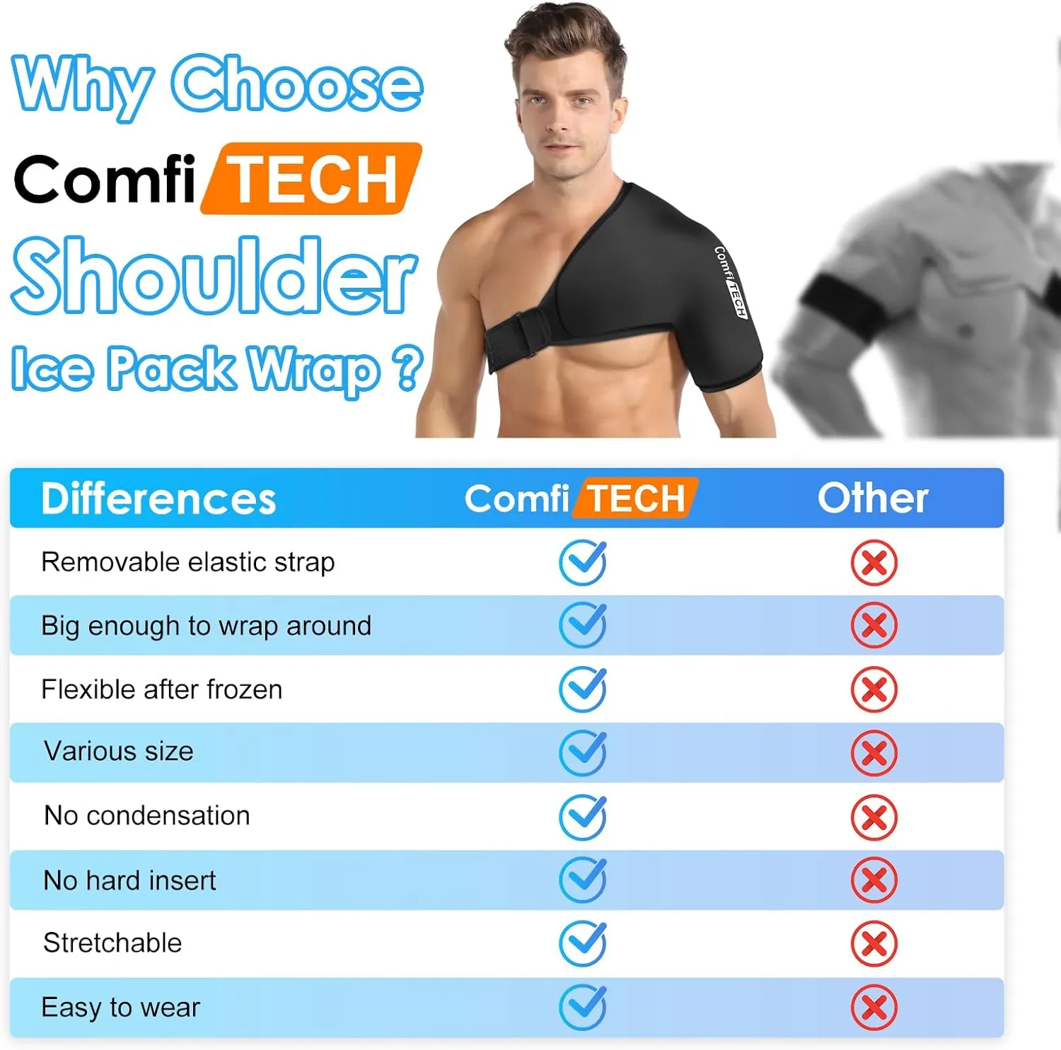 Comfitech Shoulder Ice Pack Wrap Sleeve for Better Putting On & Off, Reusable Gel Cold Pad for Arm, Large, Black