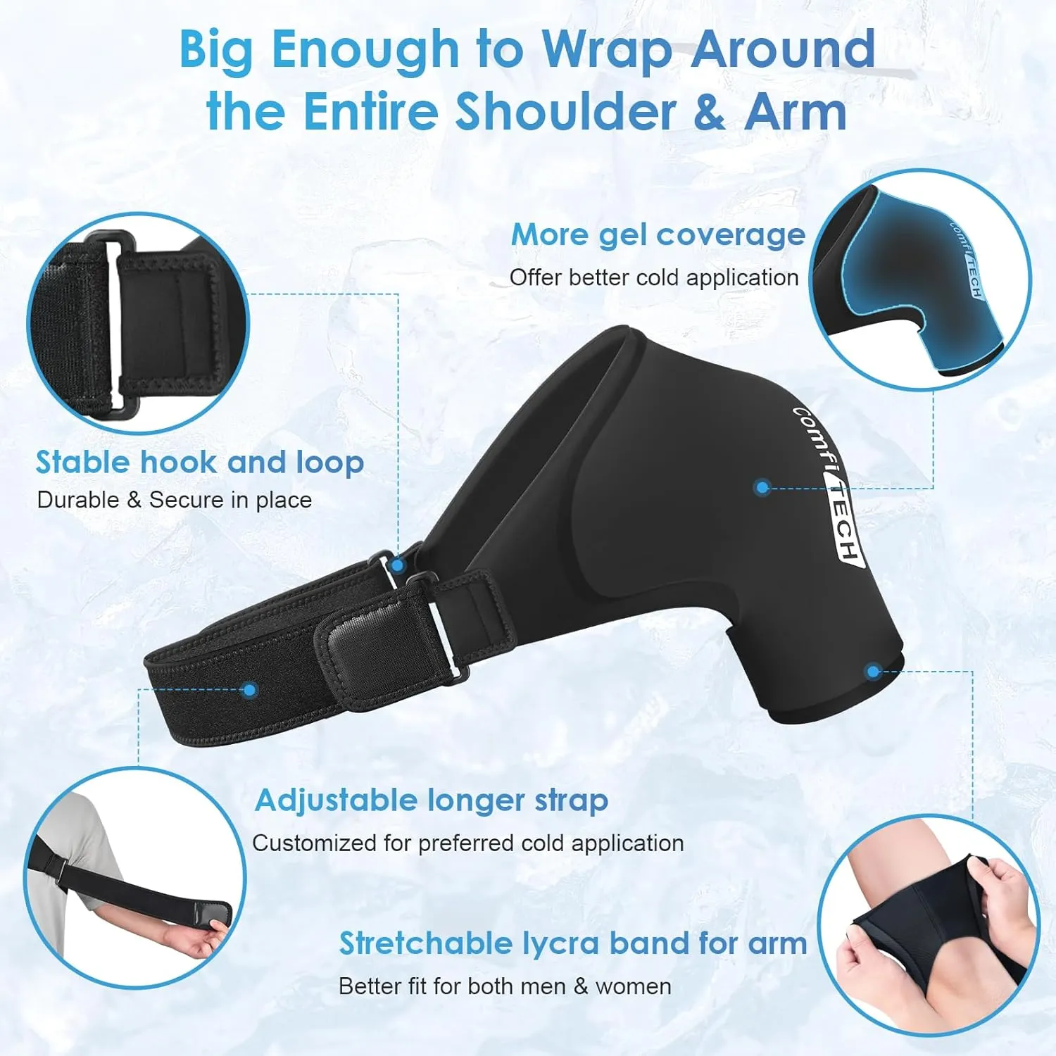 Comfitech Shoulder Ice Pack Wrap Sleeve for Better Putting On & Off, Reusable Gel Cold Pad for Arm, Large, Black