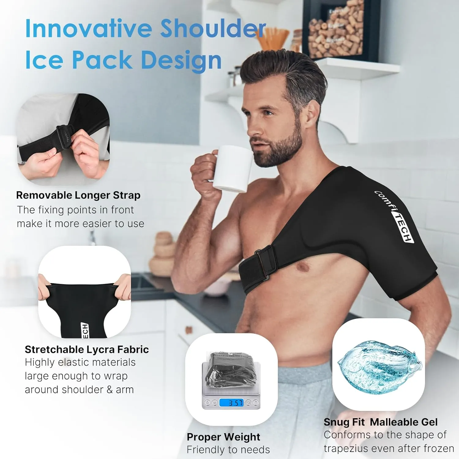 Comfitech Shoulder Ice Pack Wrap Sleeve for Better Putting On & Off, Reusable Gel Cold Pad for Arm, Large, Black