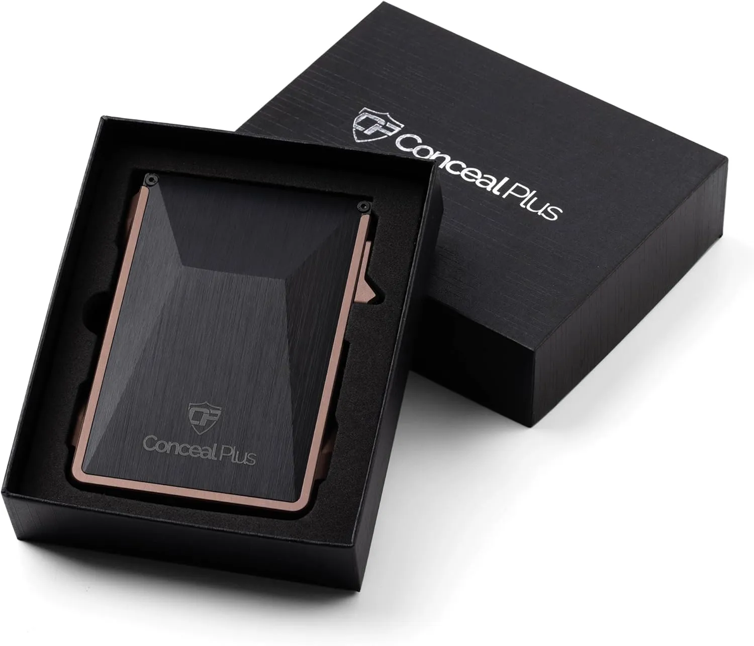Conceal Plus Card Blocr Minimalist Wallet for Men, Slim Aluminum Tactical Design with RFID Blocking Security and Money Clip for Cash - Bronze with Carbon Fiber with Money Clip