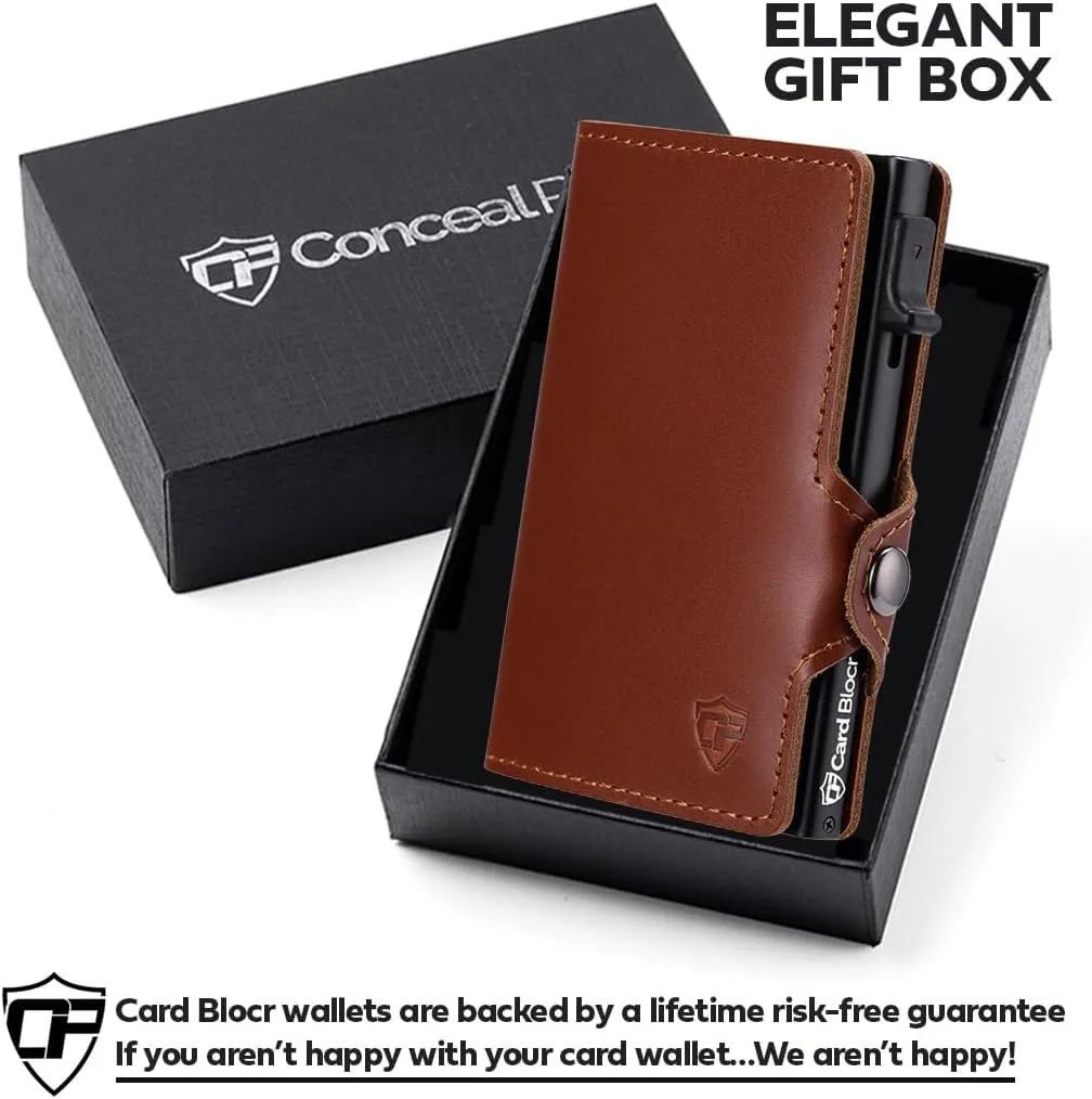 Conceal Plus Wallet for Men, Pop Up Wallet Credit Card Holder - RFID Blocking, Slim Minimalist Credit Card Case (Brown Genuine Leather)