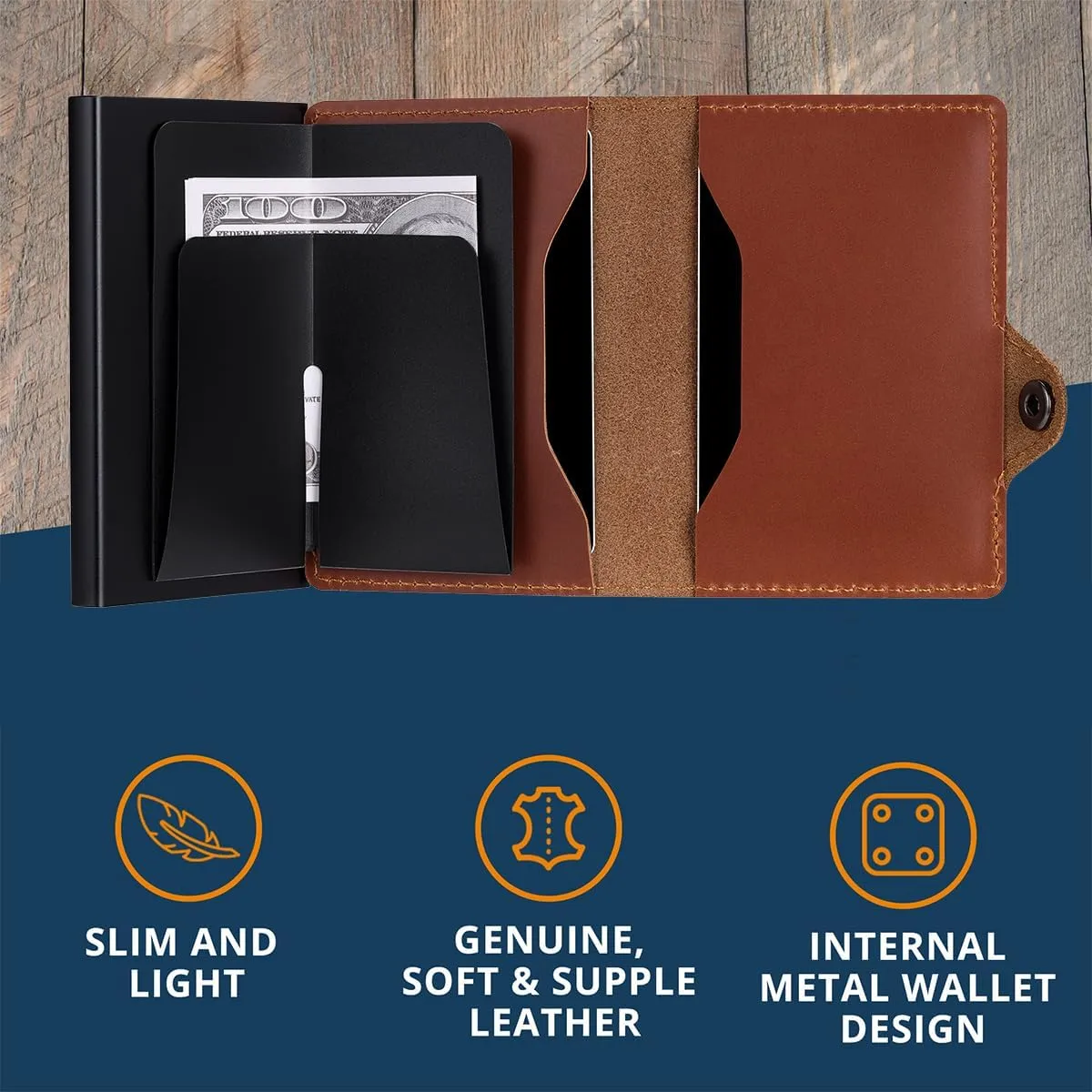 Conceal Plus Wallet for Men, Pop Up Wallet Credit Card Holder - RFID Blocking, Slim Minimalist Credit Card Case (Brown Genuine Leather)