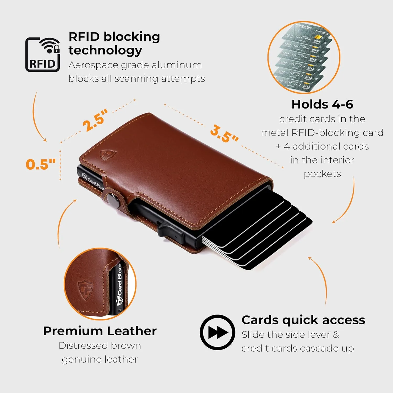 Conceal Plus Wallet for Men, Pop Up Wallet Credit Card Holder - RFID Blocking, Slim Minimalist Credit Card Case (Brown Genuine Leather)