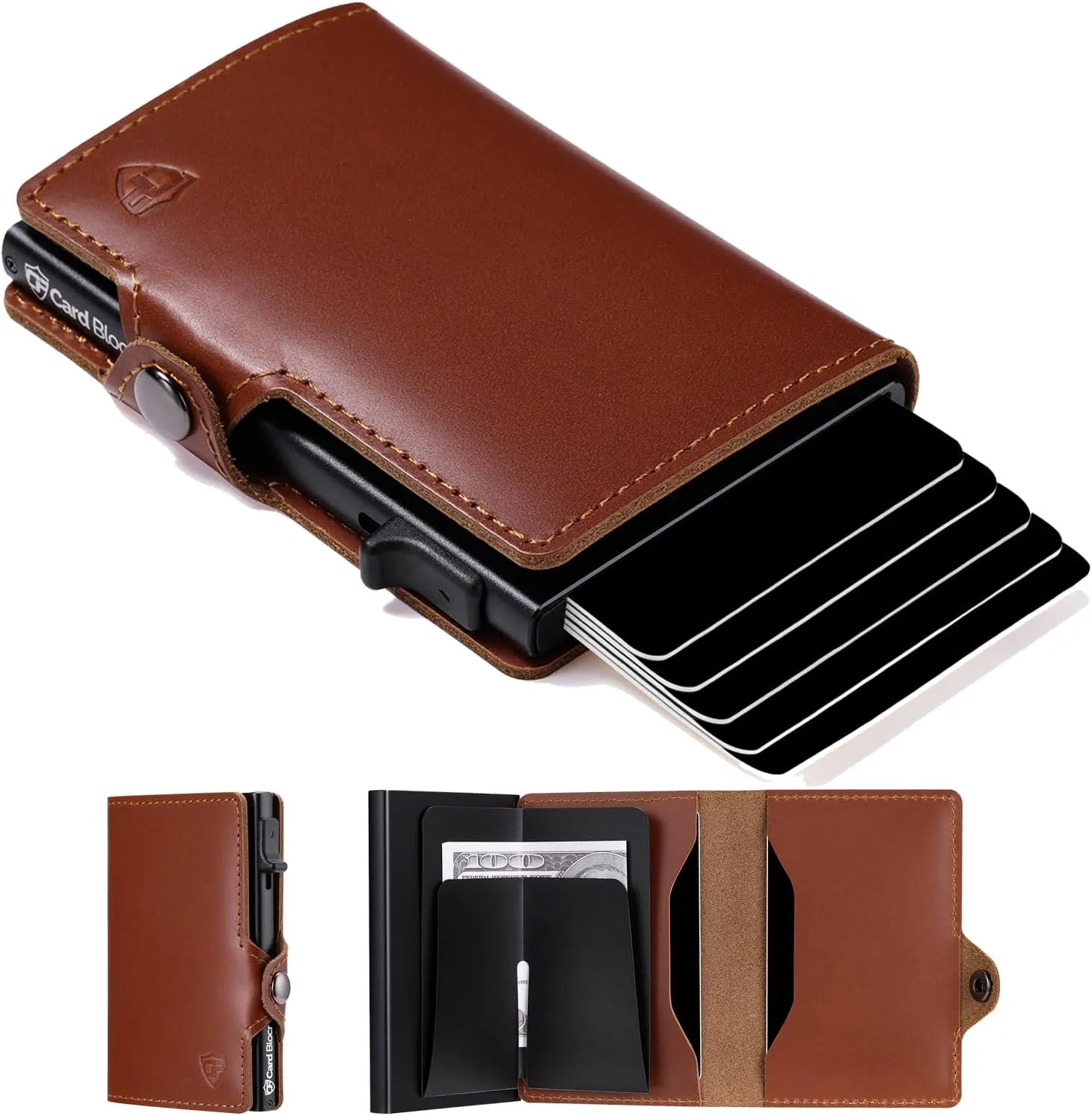 Conceal Plus Wallet for Men, Pop Up Wallet Credit Card Holder - RFID Blocking, Slim Minimalist Credit Card Case (Brown Genuine Leather)